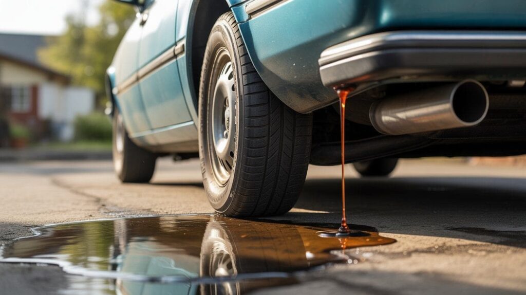Gasoline dripping from the underside of a car forming a small puddle on the pavement.