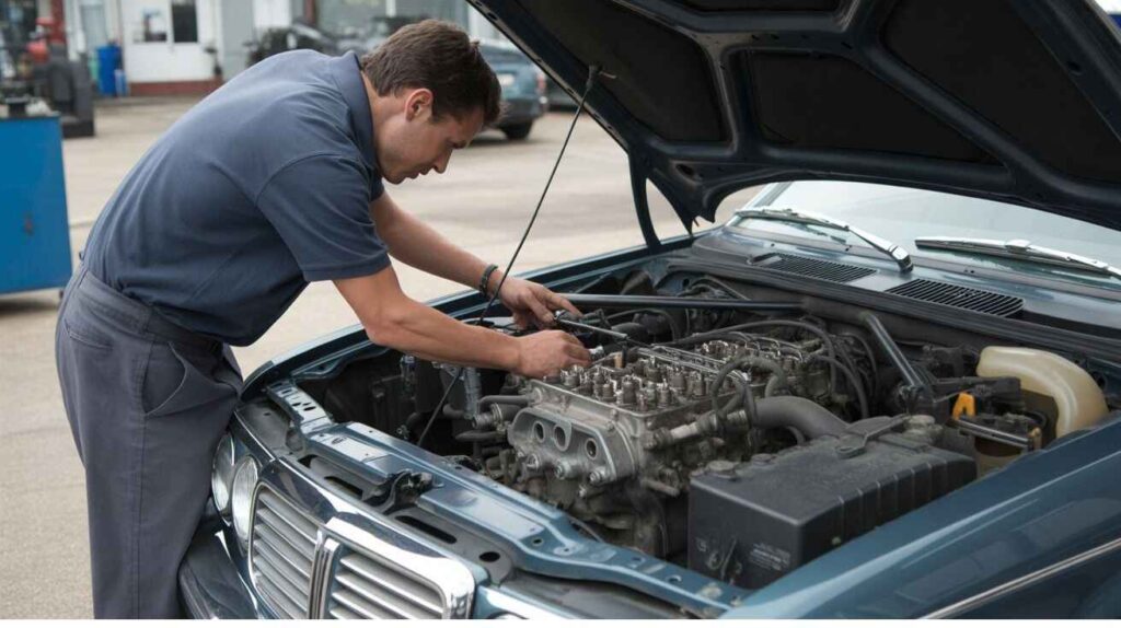 Mechanic checking a car’s fuel filter and fuel pump under the hood.