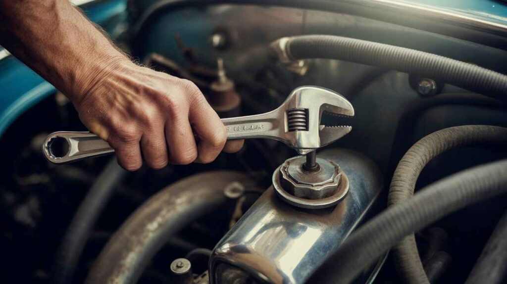 Mechanic inspecting car fuel cap and line for leak causing sulfur odor.