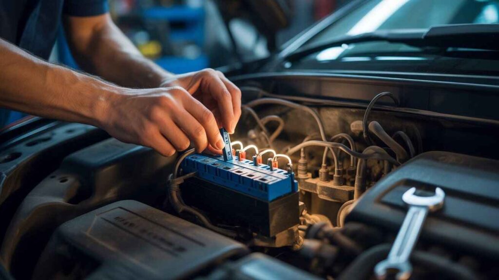 Mechanic inspecting car fuses for electrical problems.