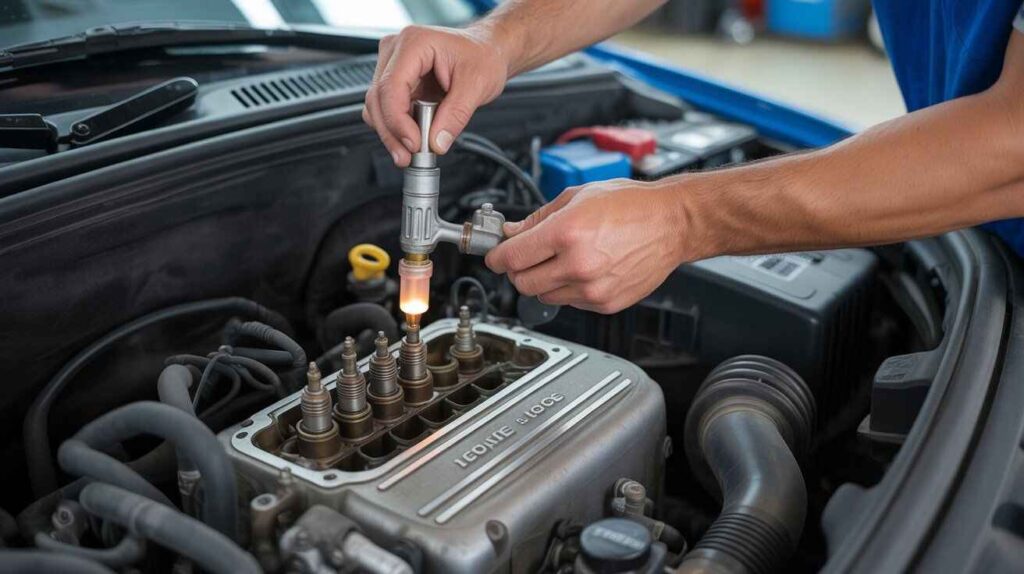 Mechanic checking car engine for gasoline leak or unburned fuel smell.