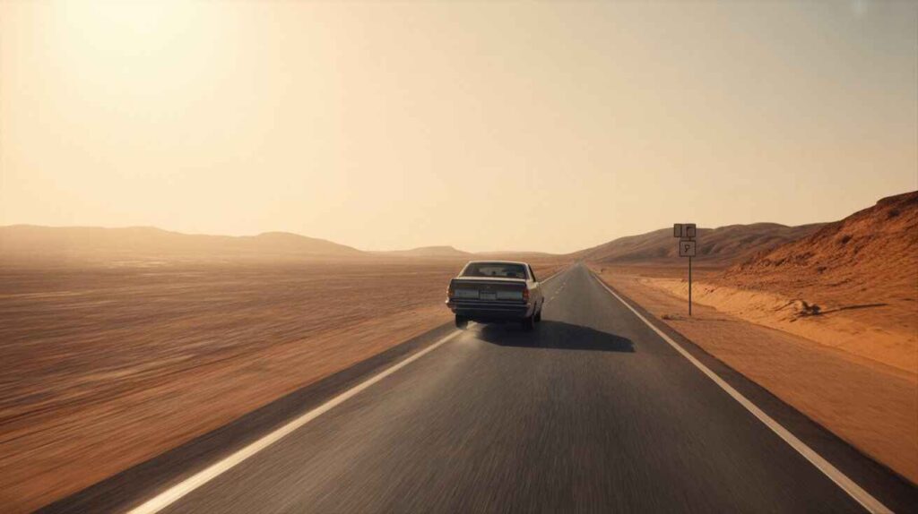 Car driving on a desert highway under intense sunlight with visible heat haze, symbolizing overheating risk in extreme heat.