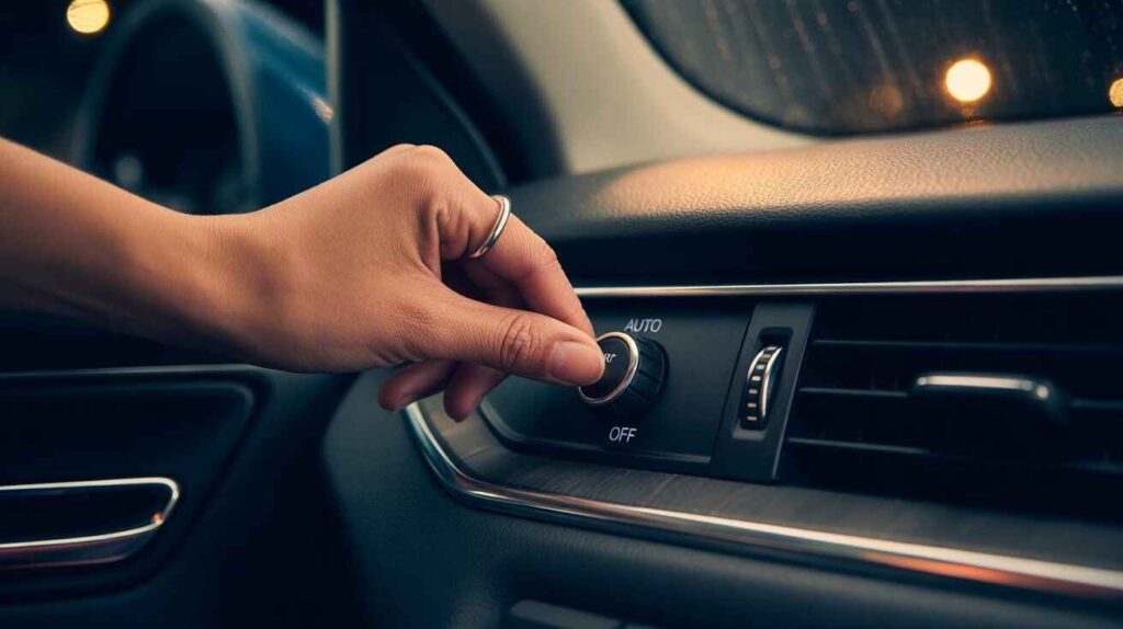 Car relay being inspected inside fuse box for lighting issues.Driver testing headlight switch positions inside car dashboard.