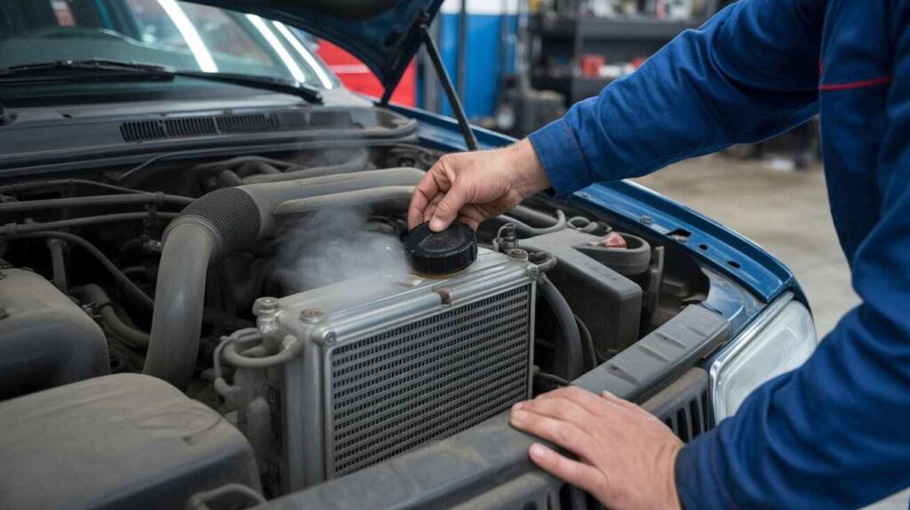Mechanic checking low coolant level in car radiator as cause of heater not working.