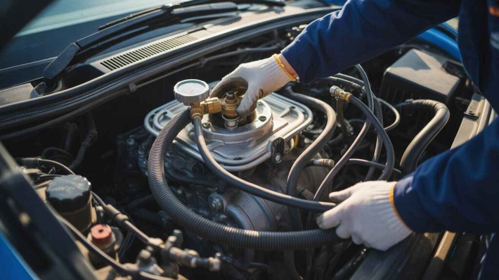 Mechanic checking car AC refrigerant level using pressure gauge under the hood.