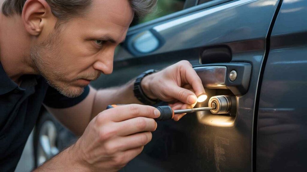 Mechanic examining car door lock cylinder for internal damage.