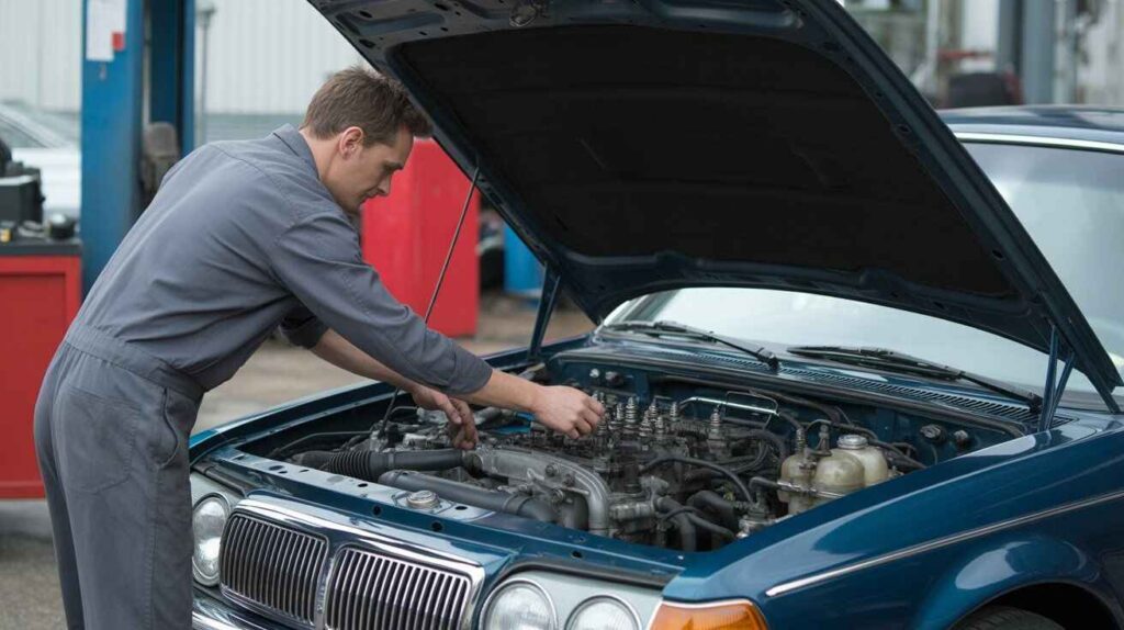Mechanic examining a manual car engine for stalling causes.
