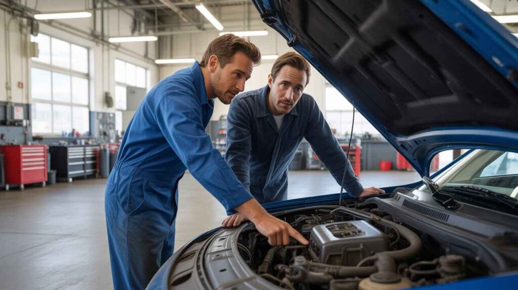 Mechanic and owner inspecting car engine to diagnose odor source.