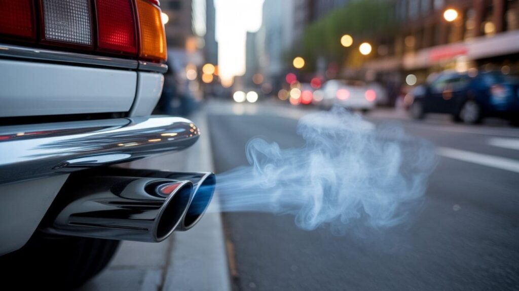 Car emitting unburned fuel fumes from exhaust due to engine misfire or oxygen sensor issue.