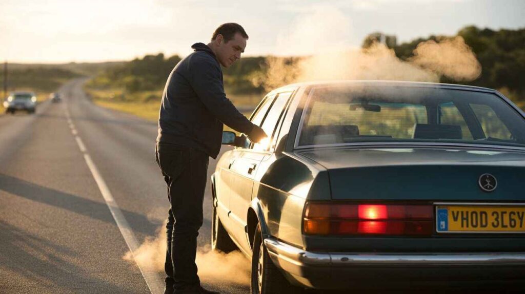 Driver standing beside an overheated car with steam coming from under the hood.