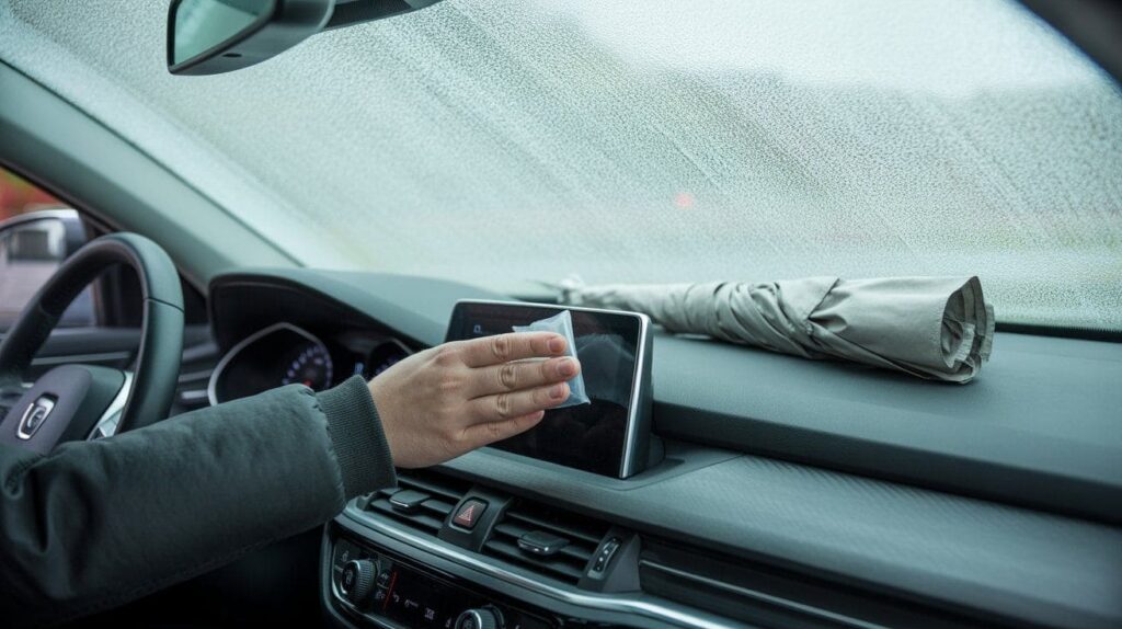 A driver using defrost mode and moisture absorbers to clear condensation inside a car.
