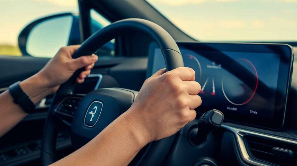 Driver checking dashboard trip meter with rest area sign visible ahead on highway.