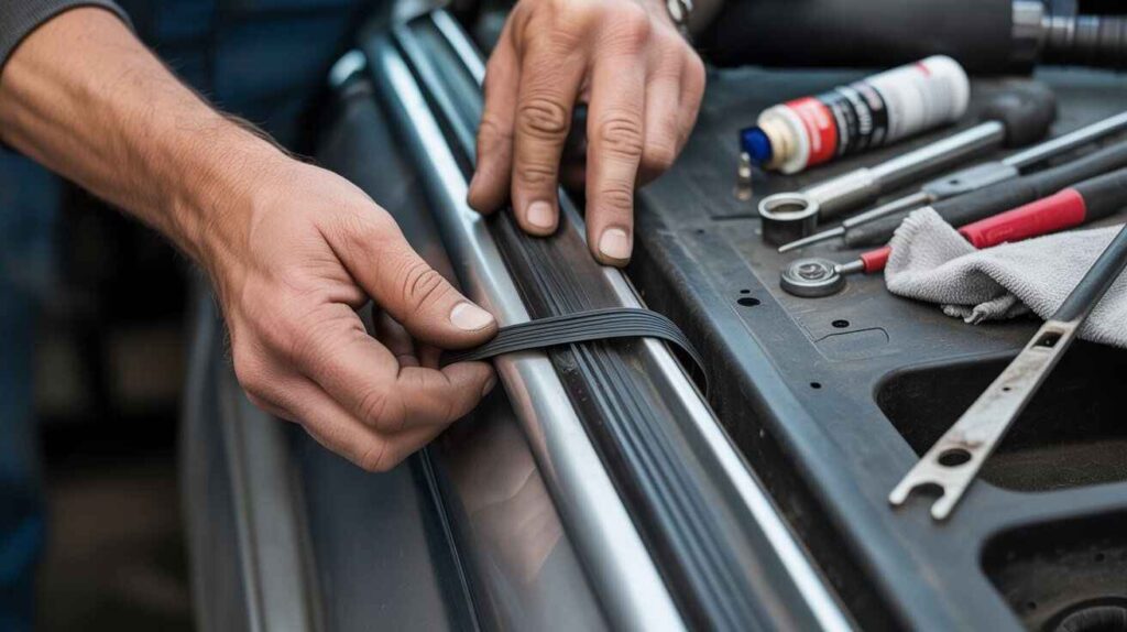 Replacing damaged car door weather seal with new rubber strip to stop water leaks.