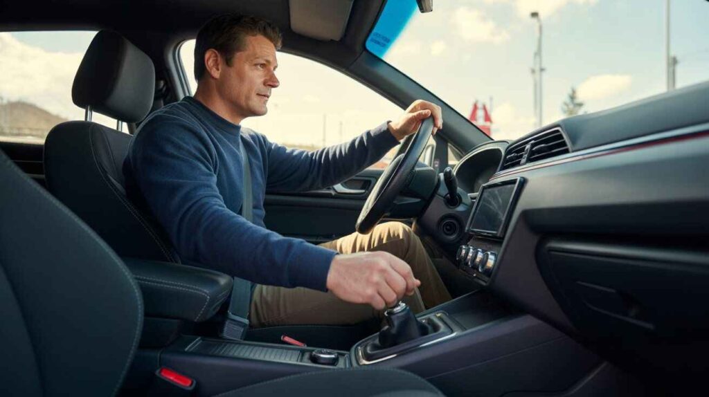 Driver restarting a manual car safely on the roadside after a stall.