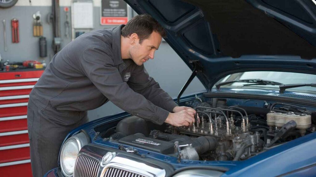 Mechanic doing routine maintenance to prevent stalling in manual cars.