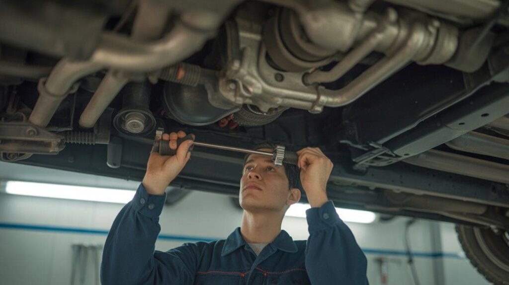 Mechanic adjusting worn or stretched shift linkage under a car.