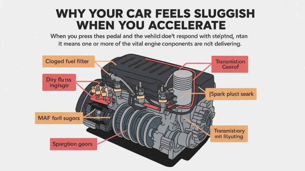 illustrating sluggish acceleration like clogged fuel filter, dirty MAF sensor, ignition misfires, or slipping transmission
