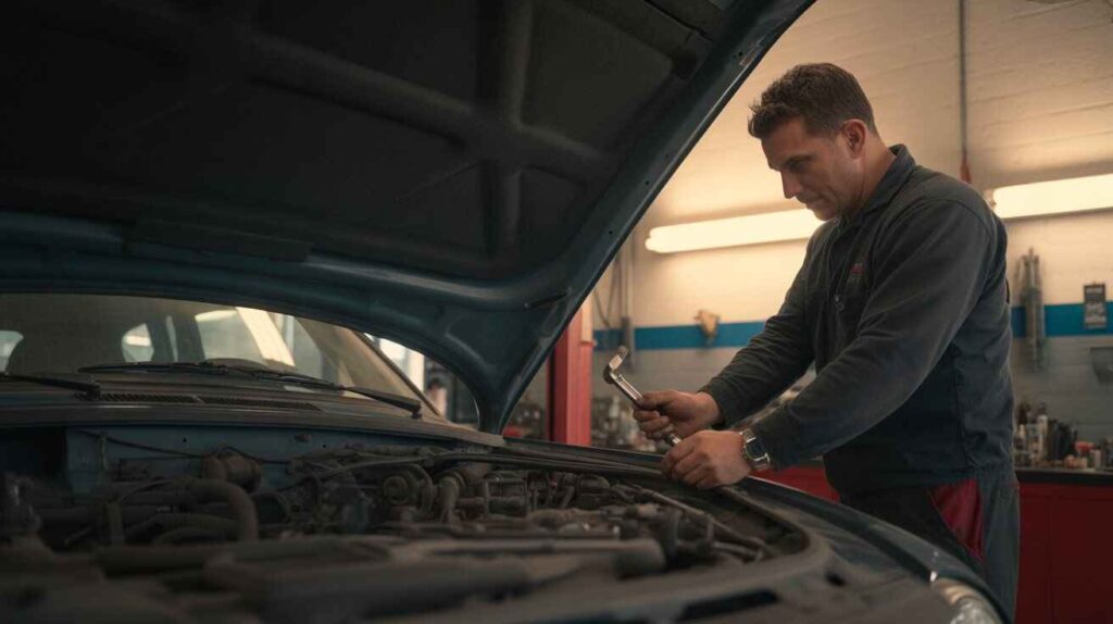 Mechanic performing a car tune-up to fix hesitation and improve performance.