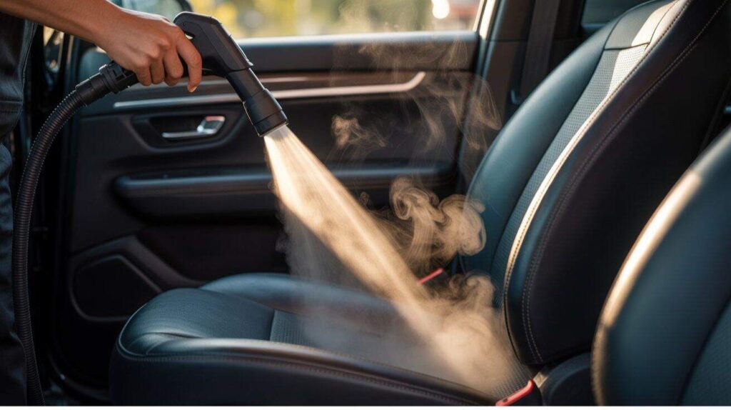 Steam cleaner being used to deep clean car seats and remove smoke odor.