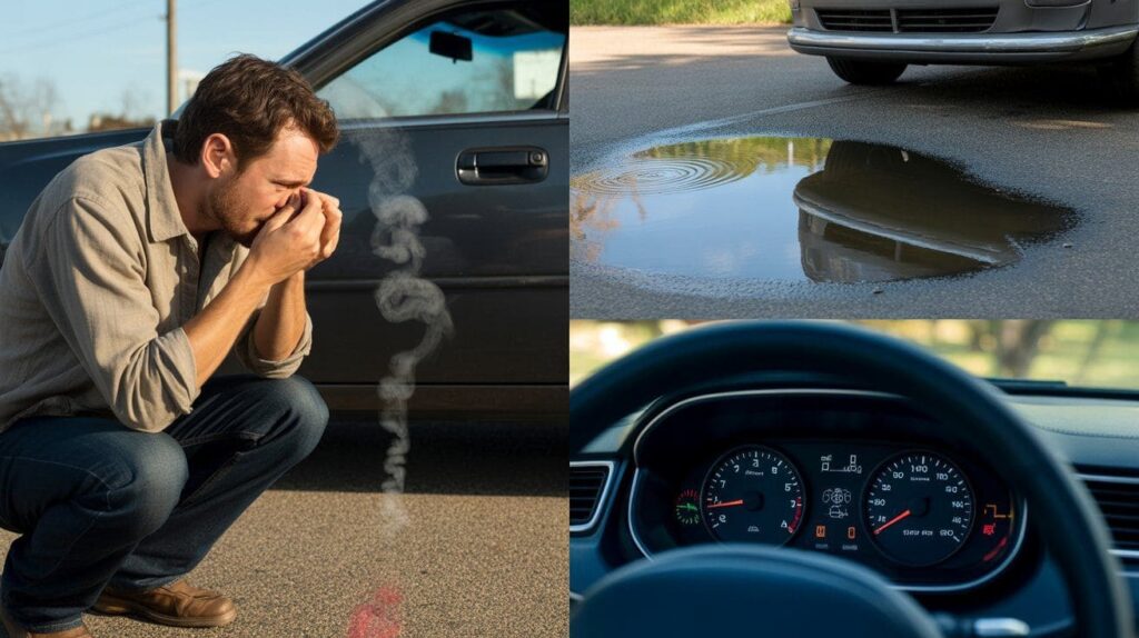 Three warning signs of a gas leak — strong fuel smell, puddle under car, and reduced fuel economy on dashboard.