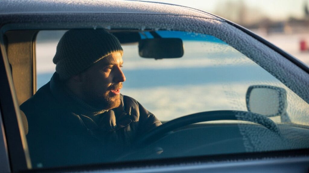 A driver in a cold car with fogged-up windshield due to temperature differences inside and outside.
