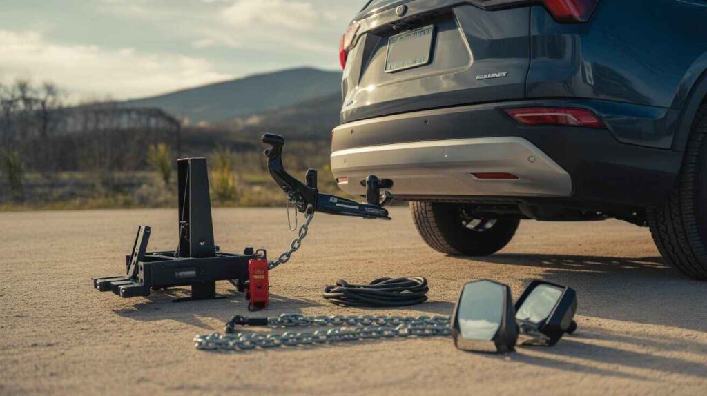 Essential towing equipment including hitch, brake controller, and tow mirrors laid out beside an SUV.