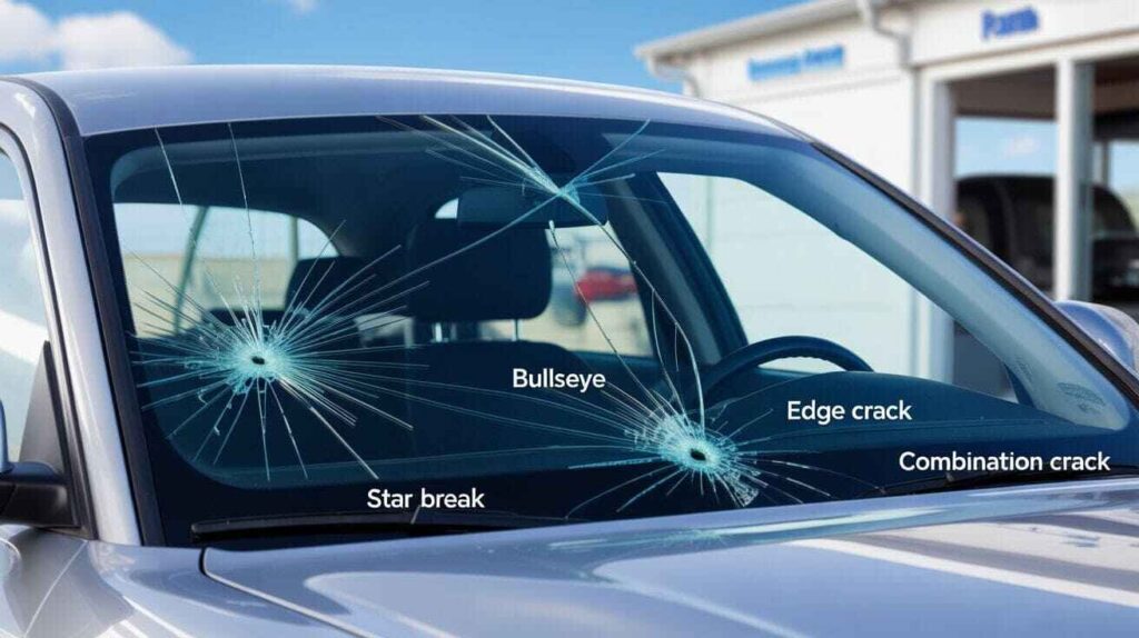 Various types of windshield cracks including star break, bullseye, edge, and combination types displayed on a car windshield.