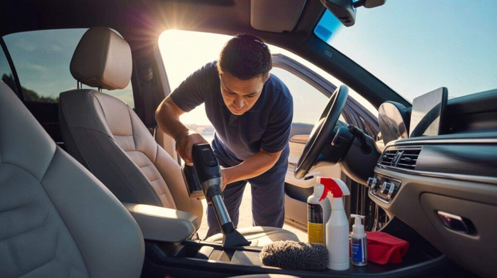 Person vacuuming car seats to remove dust and smoke residue.