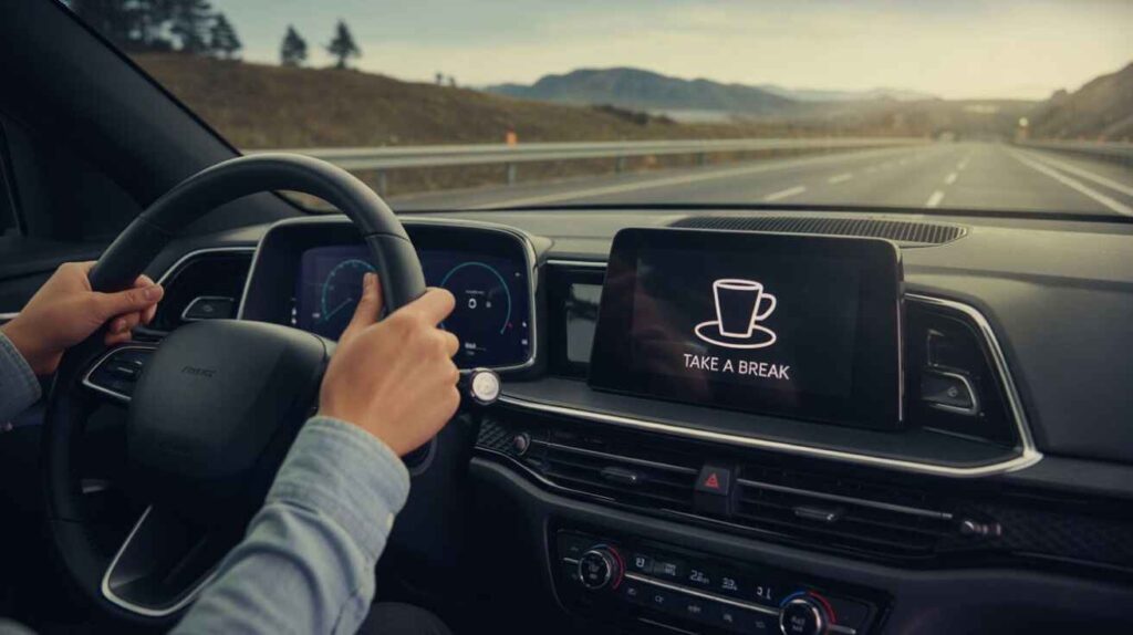 Car dashboard visual alert showing coffee cup icon and Time for a Break message.