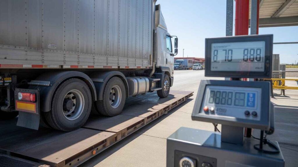 Mini Winnebago trailer and car being weighed on a vehicle scale to measure towing weight.