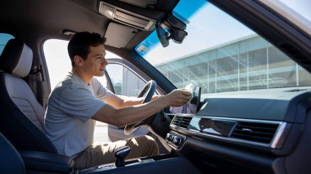 Hand wiping car dashboard with microfiber cloth to remove smoke film.