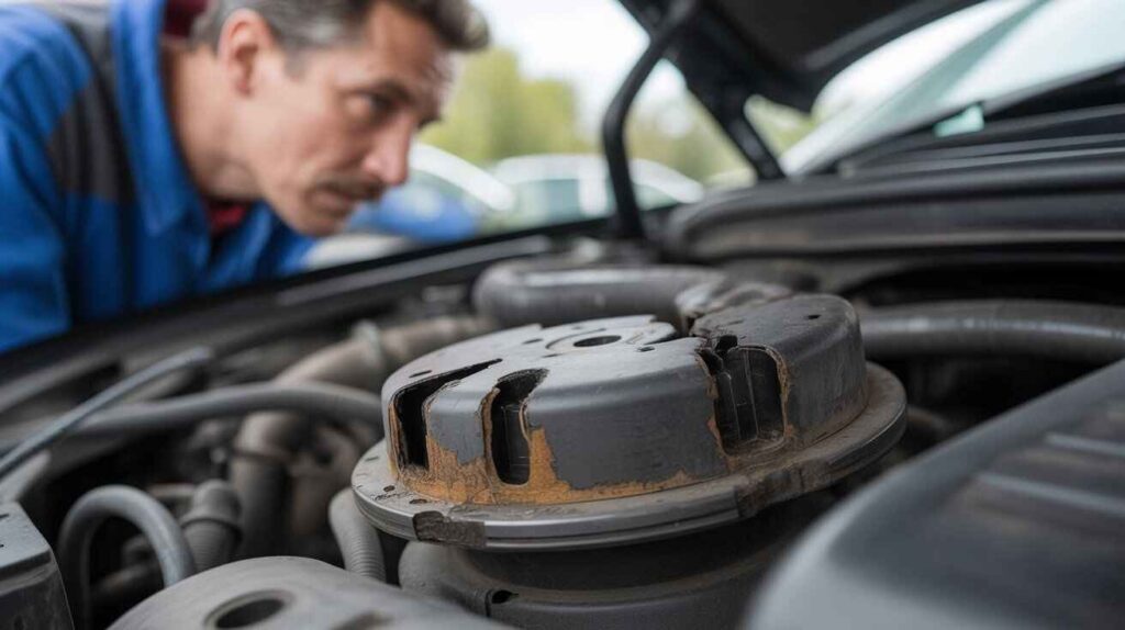 Mechanic checking worn engine mounts that cause car vibration when AC is on.