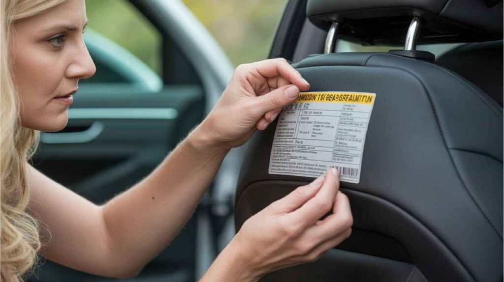 parent inspecting a car seat label for damage or expiration.