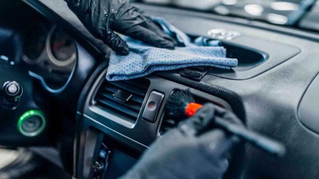 Mechanic cleaning AC drain hose under car dashboard to remove evaporator water clog.