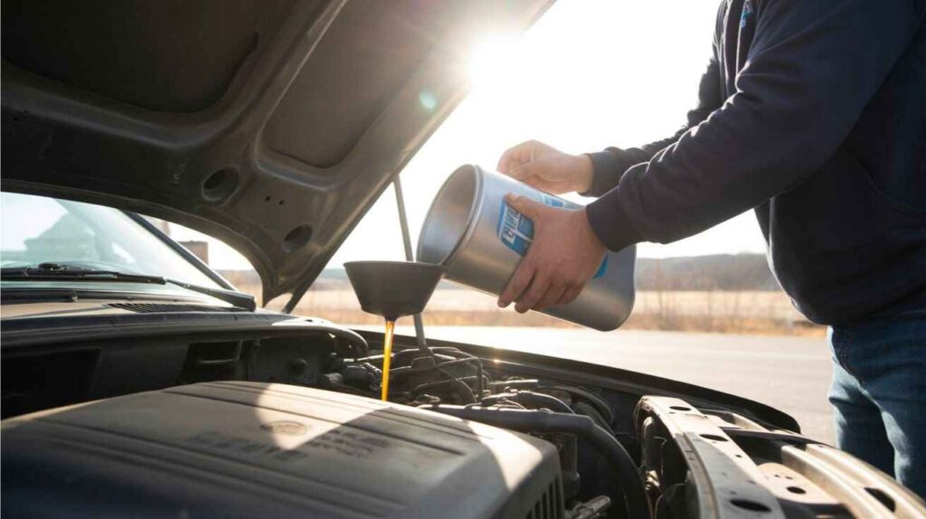 Driver pouring new engine oil into the filler using a funnel.