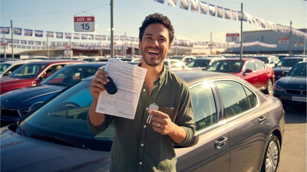A buyer celebrating after winning a car at auction.