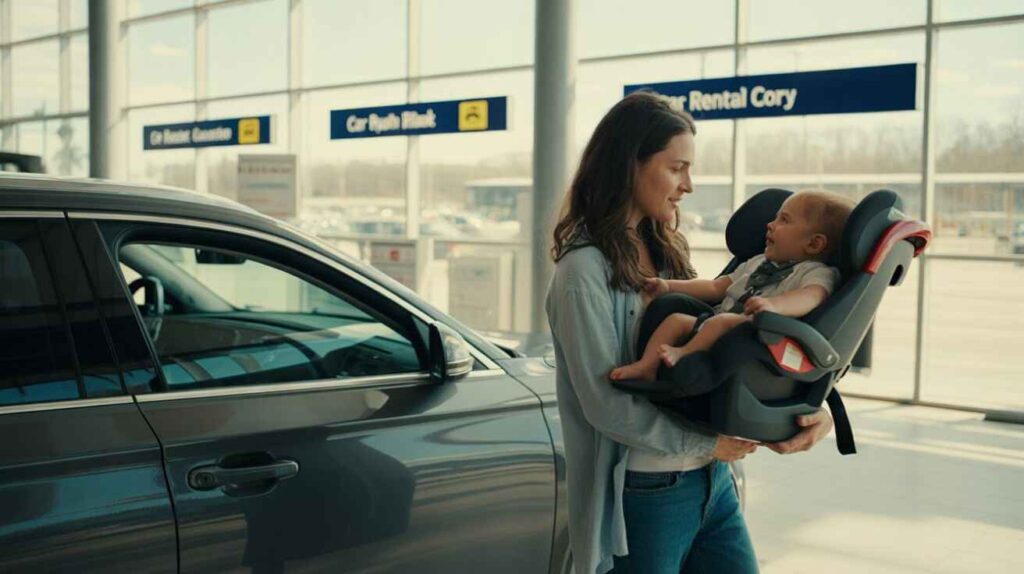Family collecting a child car seat at an airport rental desk.