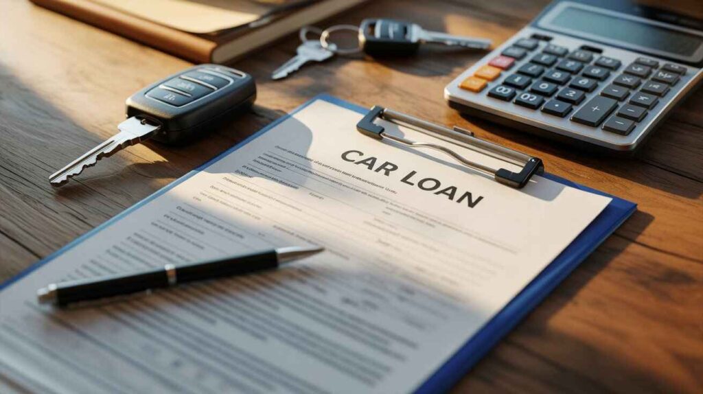 Car loan document with keys and calculator showing financial planning.