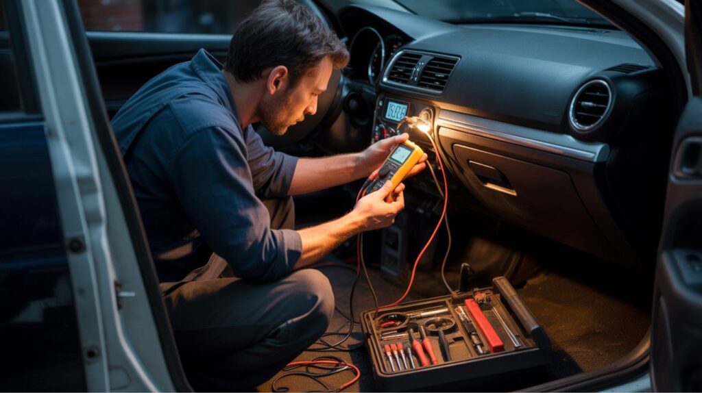Mechanic using multimeter to test AC blower motor wiring under car dashboard.