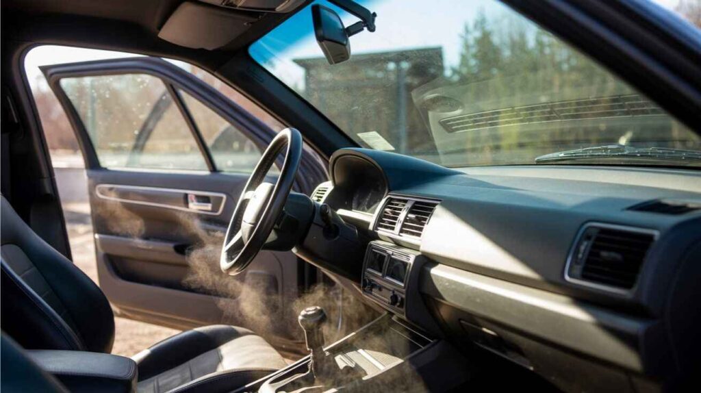 Car air vents circulating visible dust particles in sunlight.