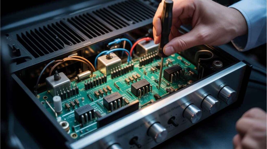Technician adjusting car amplifier circuitry containing precision resistors.