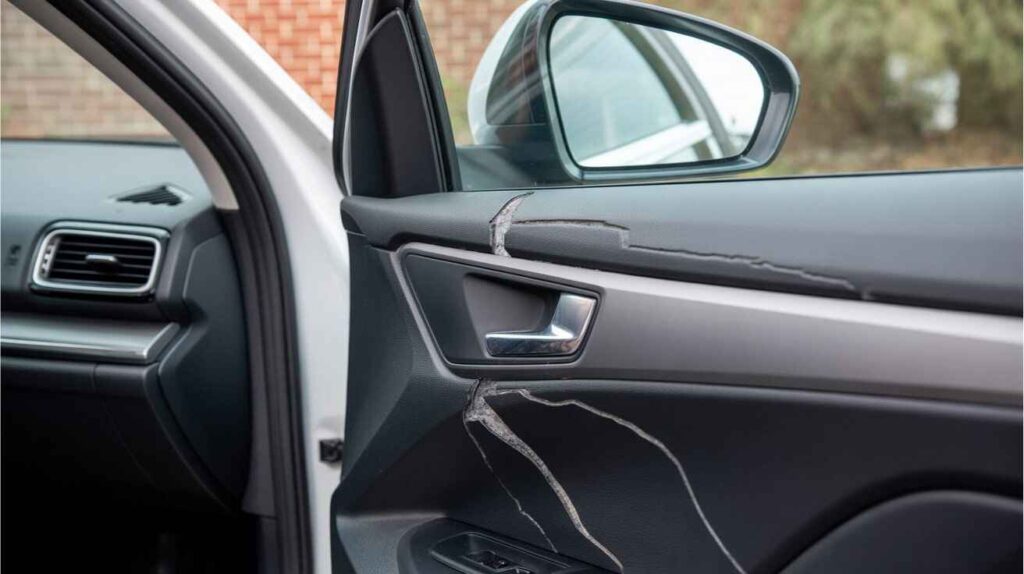 Close-up of cracked car door seal showing dust buildup around edges.