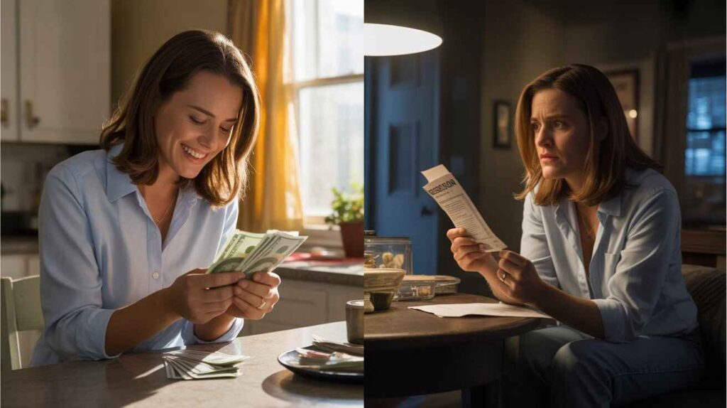 Illustration image showing pros and cons: one side shows a customer receiving cash happily, the other shows stress over potential repossession.