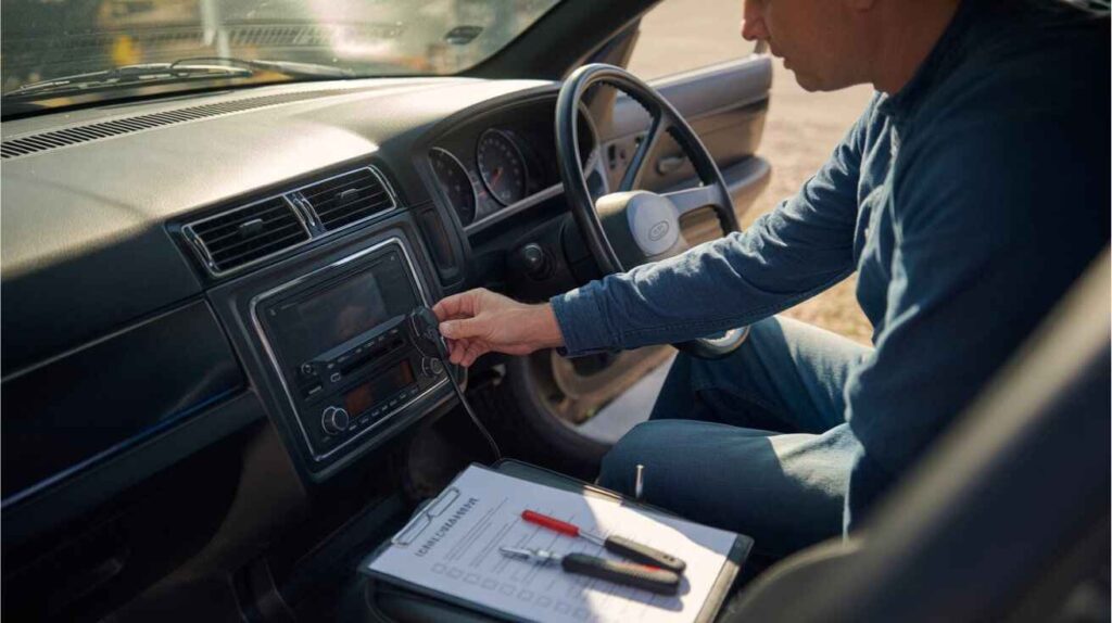 A driver testing a car radio antenna while checking a printed diagnostic checklist beside the vehicle.