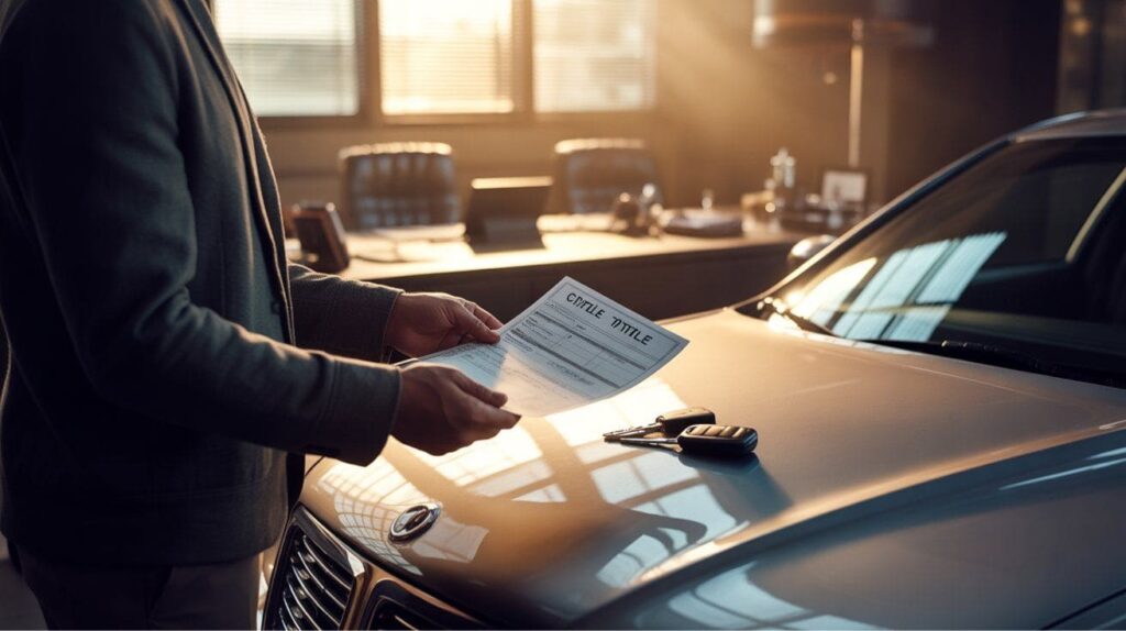 Hands exchanging a car title while the vehicle remains outside.
