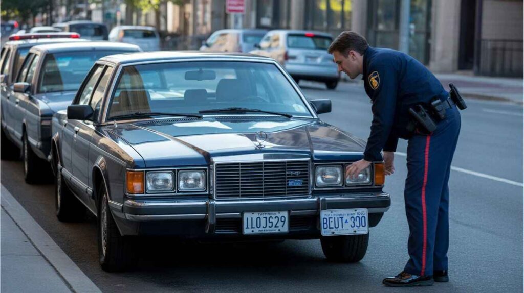 Police officer checking expired license plate tags on a parked car in a city street.