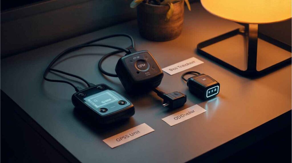 Different types of car tracking devices including GPS, OBD-II, and Bluetooth trackers.