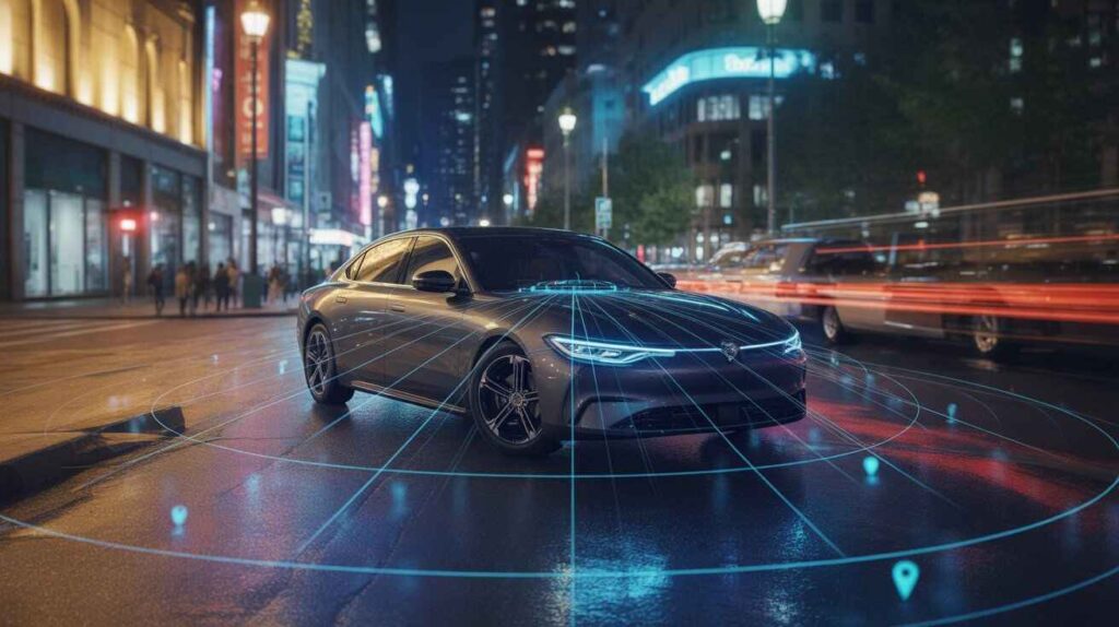 Modern car surrounded by glowing GPS location pins symbolizing car tracking technology.