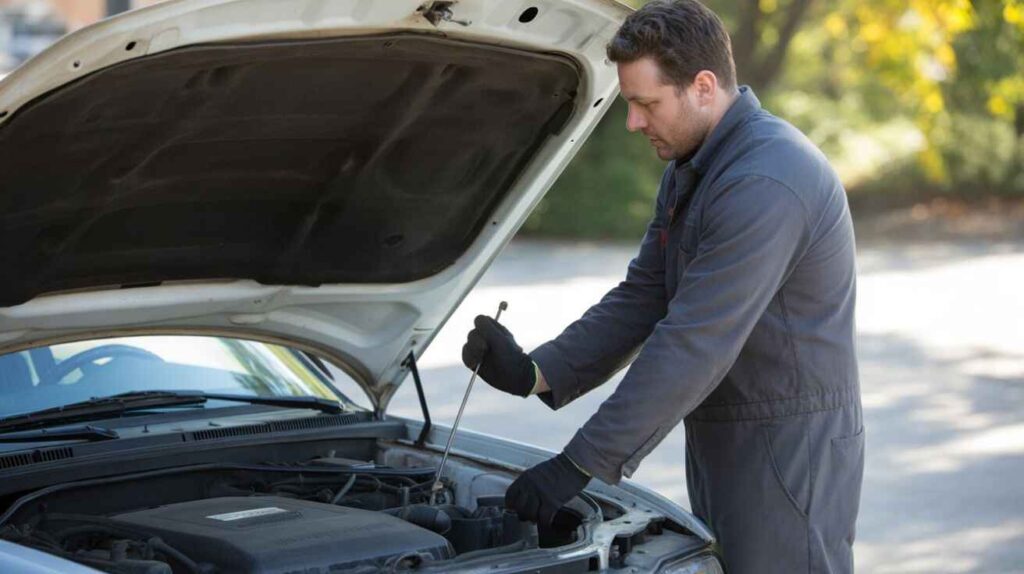 Driver safely checking oil with gloves near a warm engine after turning it off.
