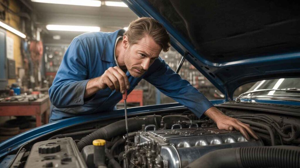 Mechanic using screwdriver to diagnose car engine knocking problem.